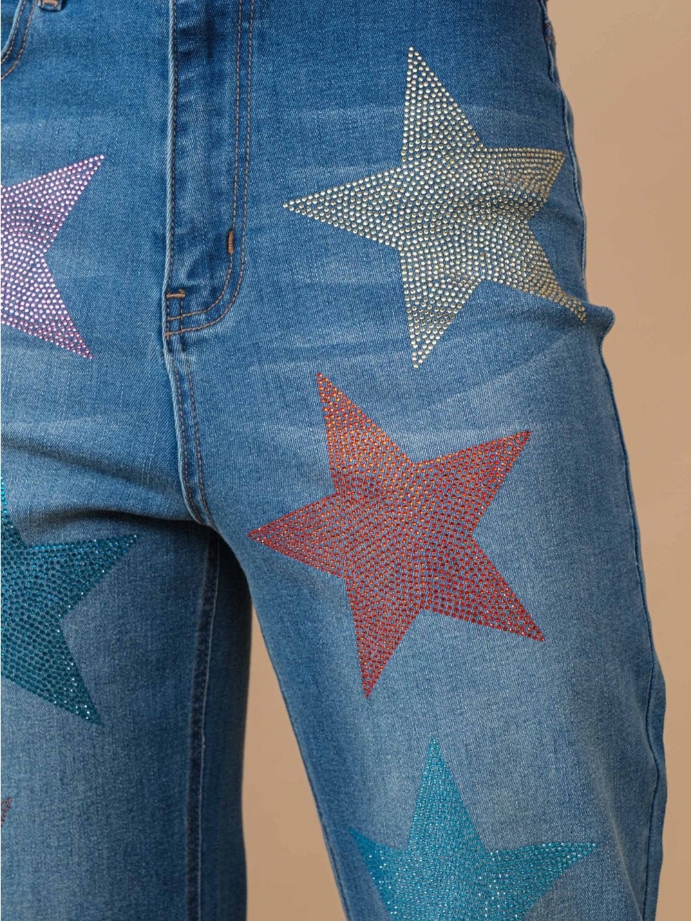 Straight-Leg Blue Denim Jeans with Multicolor Star Appliqués